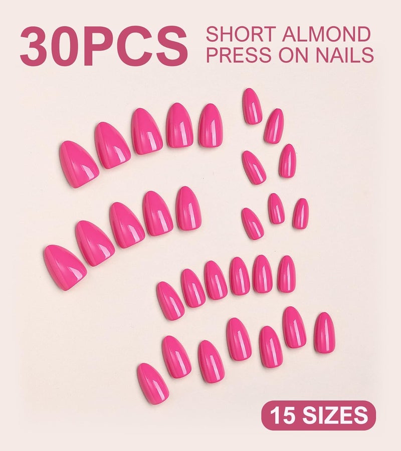 morily 30Pcs Hot Pink Press on Nails Almond, Short Fake Nails Glossy Acrylic False Nails Reusable Full Cover Stick on Nails for Women, 15 Sizes, Thicker Fingertips - Image 5